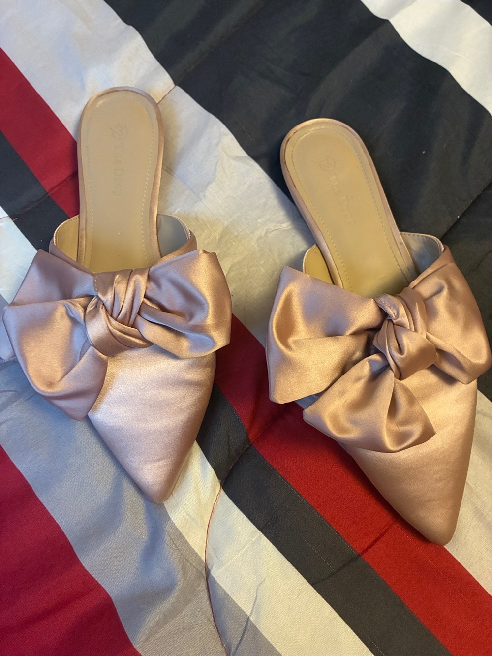 Satin Bow Pointed-Toe Mules in Rose Gold